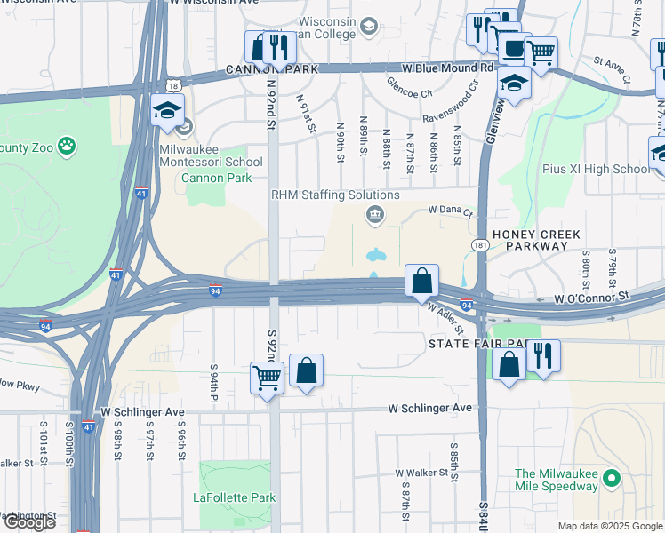 map of restaurants, bars, coffee shops, grocery stores, and more near 9000 West Chester Street in Milwaukee