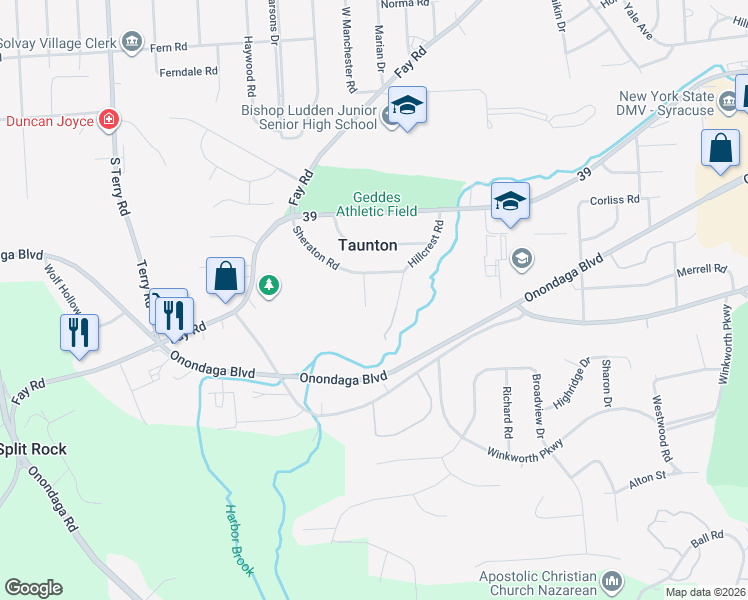 map of restaurants, bars, coffee shops, grocery stores, and more near 128 Marly Drive in Syracuse