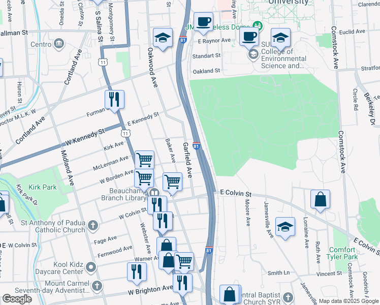 map of restaurants, bars, coffee shops, grocery stores, and more near 103-05 Glass Terrace in Syracuse