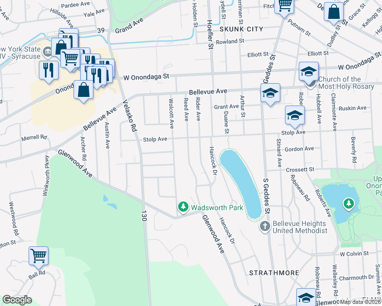 map of restaurants, bars, coffee shops, grocery stores, and more near 230-34 Reed Avenue in Syracuse