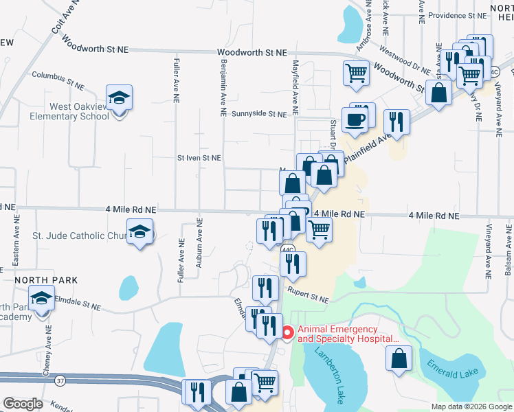 map of restaurants, bars, coffee shops, grocery stores, and more near 1415 4 Mile Road Northeast in Grand Rapids