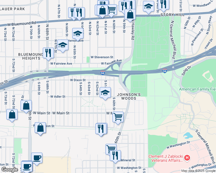 map of restaurants, bars, coffee shops, grocery stores, and more near 226 South 61st Street in Milwaukee