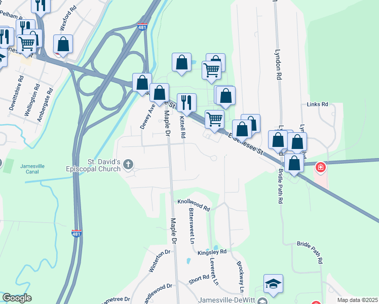 map of restaurants, bars, coffee shops, grocery stores, and more near 205 Kittell Road in Fayetteville