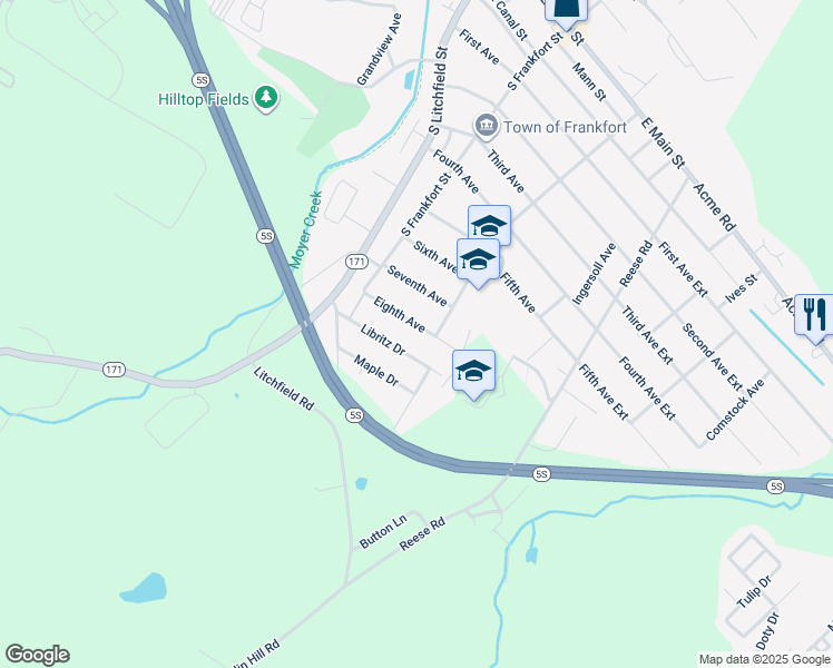map of restaurants, bars, coffee shops, grocery stores, and more near 134 Eighth Avenue in Frankfort