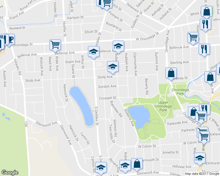 map of restaurants, bars, coffee shops, grocery stores, and more near 229 Gordon Avenue in Syracuse