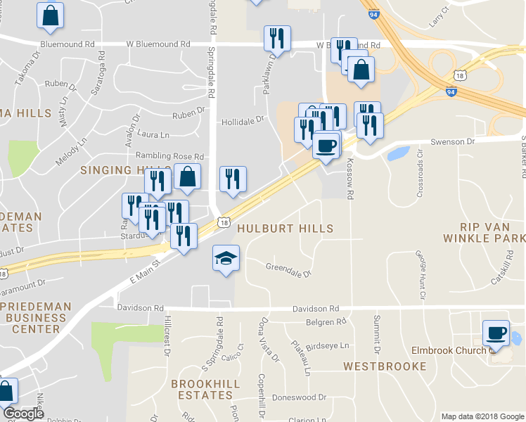 map of restaurants, bars, coffee shops, grocery stores, and more near 21755 Longview Drive in Waukesha