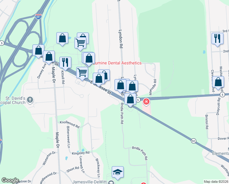 map of restaurants, bars, coffee shops, grocery stores, and more near 6883 East Genesee Street in Fayetteville