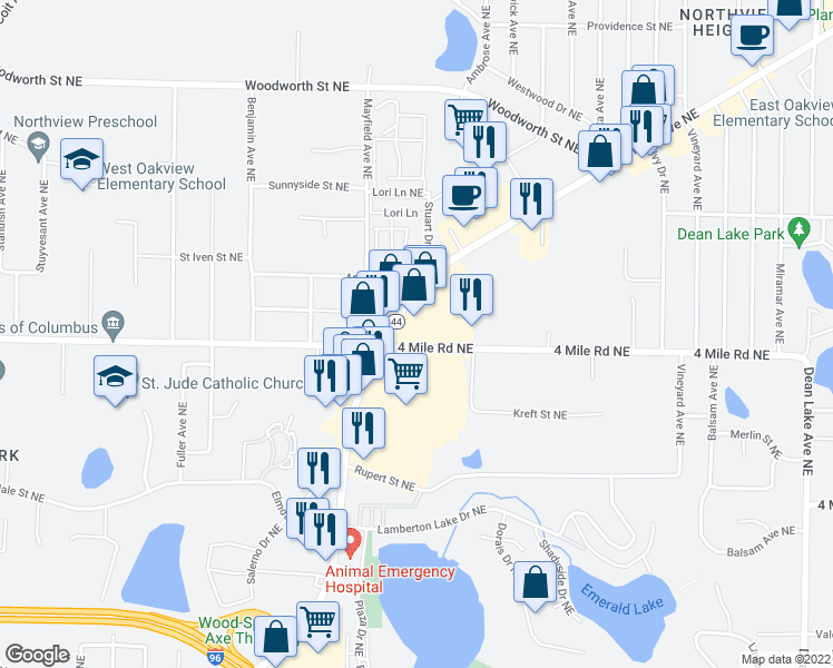 map of restaurants, bars, coffee shops, grocery stores, and more near 3610 Plainfield Avenue Northeast in Grand Rapids