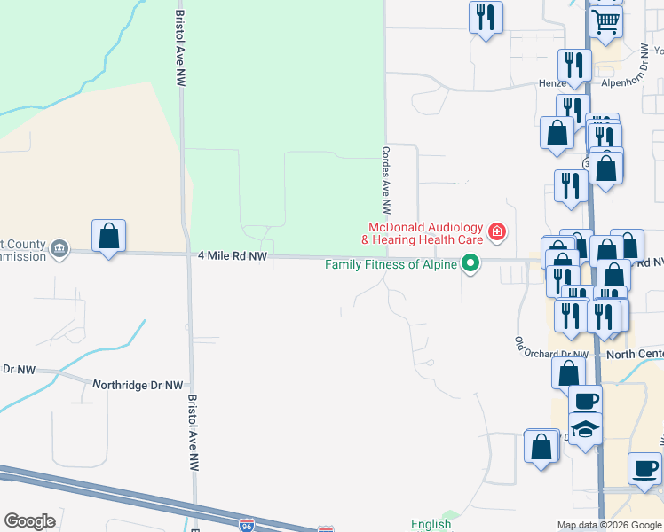 map of restaurants, bars, coffee shops, grocery stores, and more near 1324 4 Mile Road Northwest in Grand Rapids