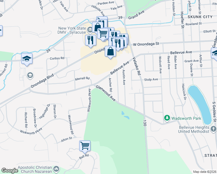 map of restaurants, bars, coffee shops, grocery stores, and more near 108 Archer Road in Syracuse