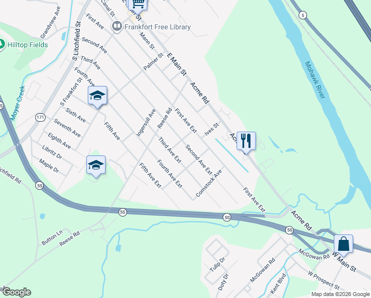 map of restaurants, bars, coffee shops, grocery stores, and more near 420 Second Avenue Extension in Frankfort