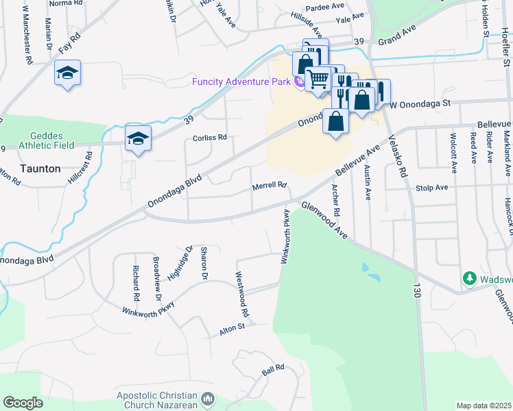 map of restaurants, bars, coffee shops, grocery stores, and more near 108 Huntington Road in Syracuse