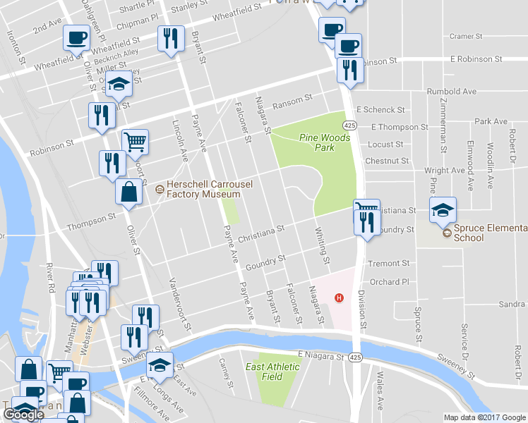 map of restaurants, bars, coffee shops, grocery stores, and more near 208 Falconer Street in North Tonawanda