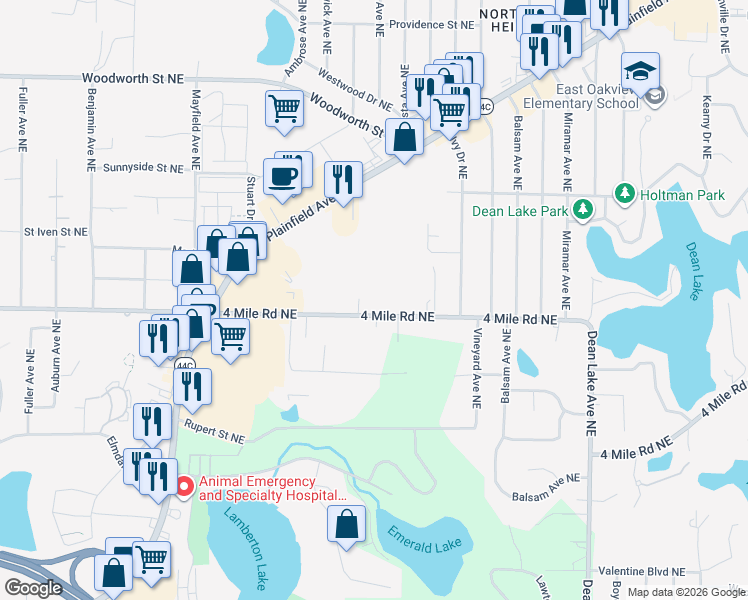 map of restaurants, bars, coffee shops, grocery stores, and more near 1811 4 Mile Road Northeast in Grand Rapids