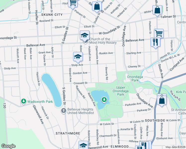 map of restaurants, bars, coffee shops, grocery stores, and more near 407 Hubbell Avenue in Syracuse