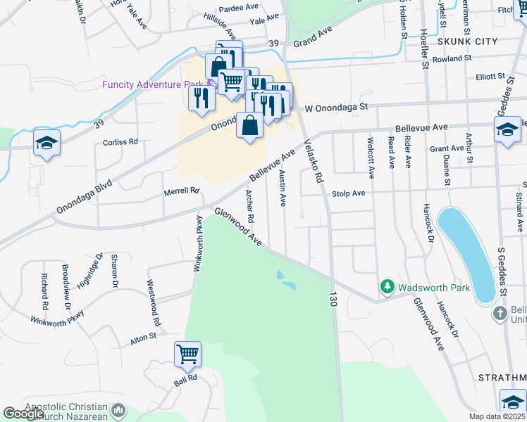 map of restaurants, bars, coffee shops, grocery stores, and more near 160 Sunhill Terrace in Syracuse