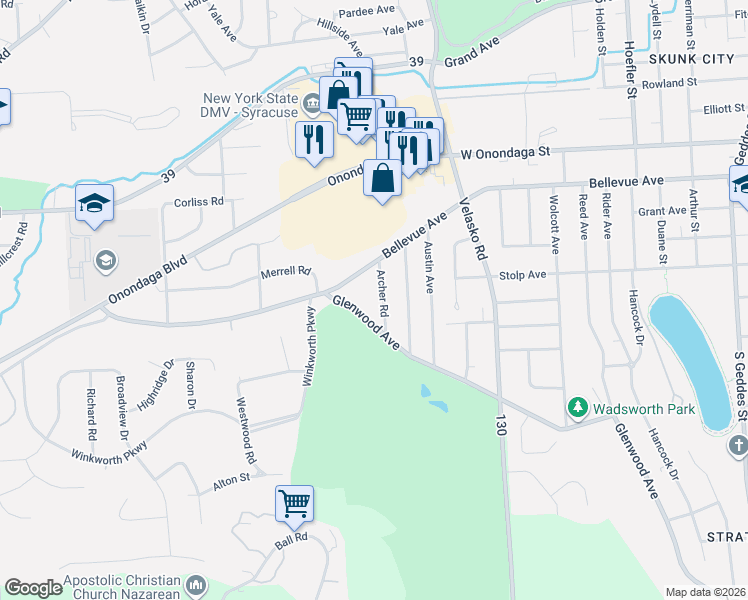 map of restaurants, bars, coffee shops, grocery stores, and more near 108 Archer Road in Syracuse