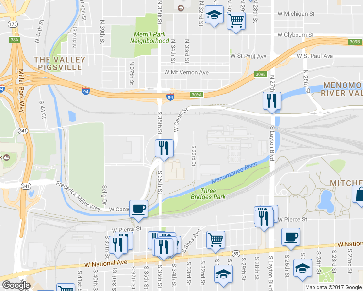 map of restaurants, bars, coffee shops, grocery stores, and more near 3201 West Canal Street in Milwaukee