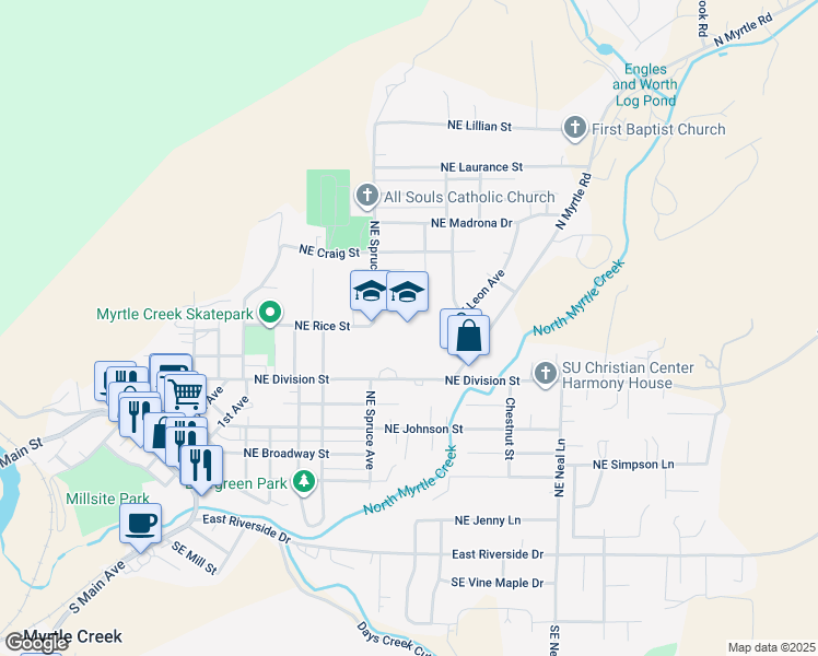 map of restaurants, bars, coffee shops, grocery stores, and more near 651 Northeast Division Street in Myrtle Creek