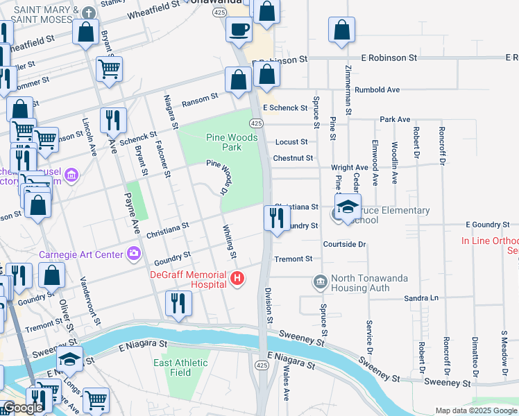 map of restaurants, bars, coffee shops, grocery stores, and more near 343 Christiana Street in North Tonawanda