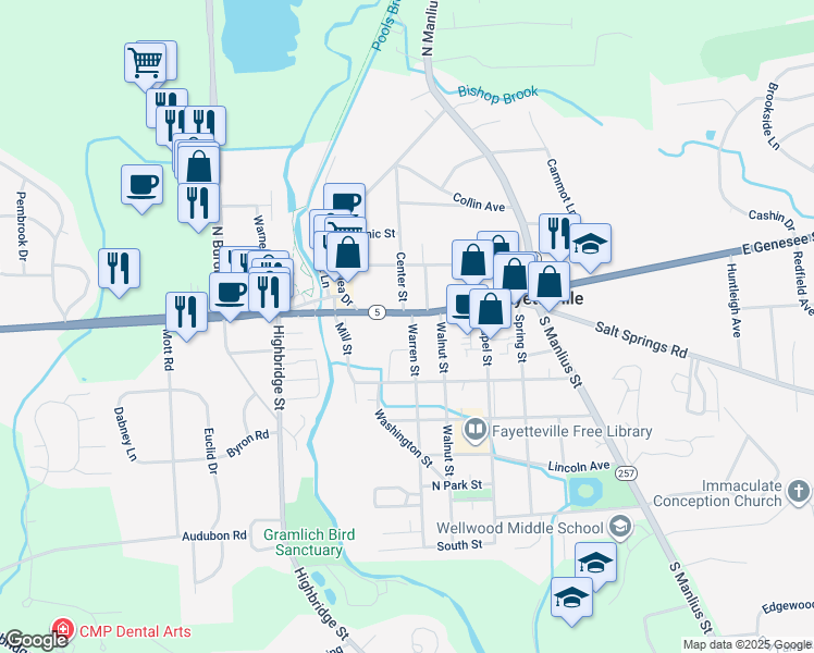 map of restaurants, bars, coffee shops, grocery stores, and more near 132 East Genesee Street in Fayetteville