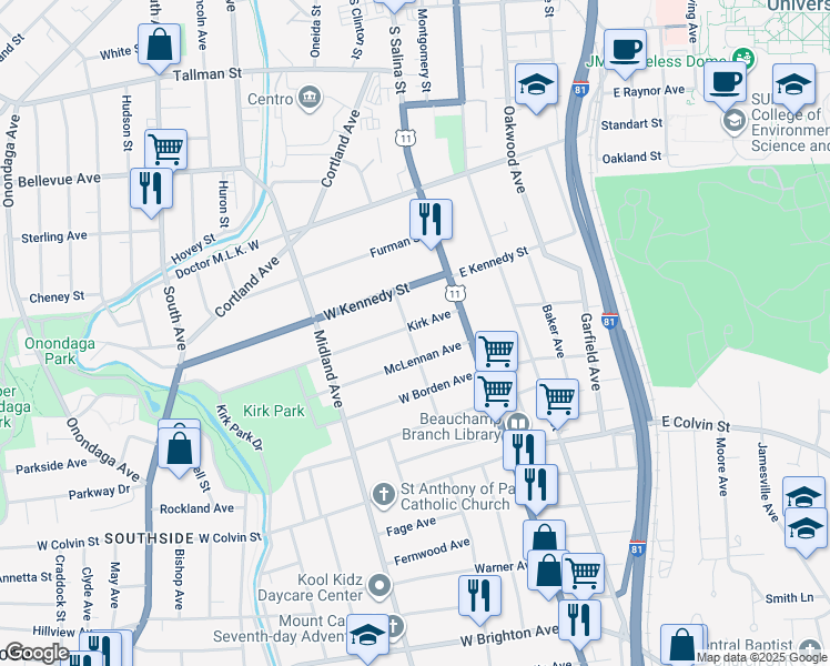 map of restaurants, bars, coffee shops, grocery stores, and more near 119 Kirk Avenue in Syracuse