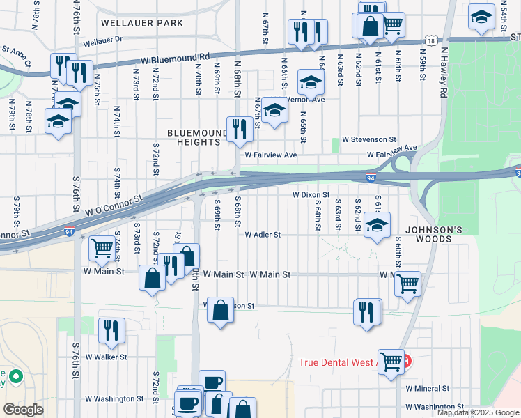 map of restaurants, bars, coffee shops, grocery stores, and more near 224 South 67th Street in Milwaukee