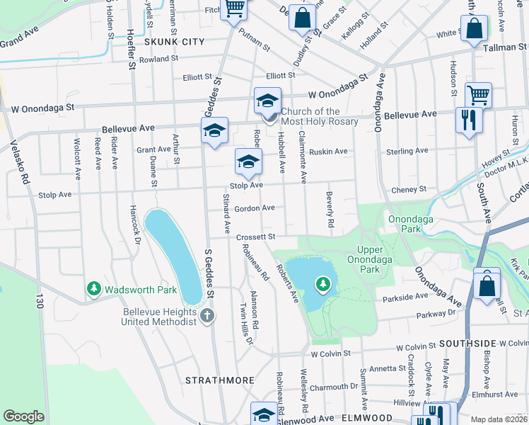 map of restaurants, bars, coffee shops, grocery stores, and more near 129 Gordon Avenue in Syracuse