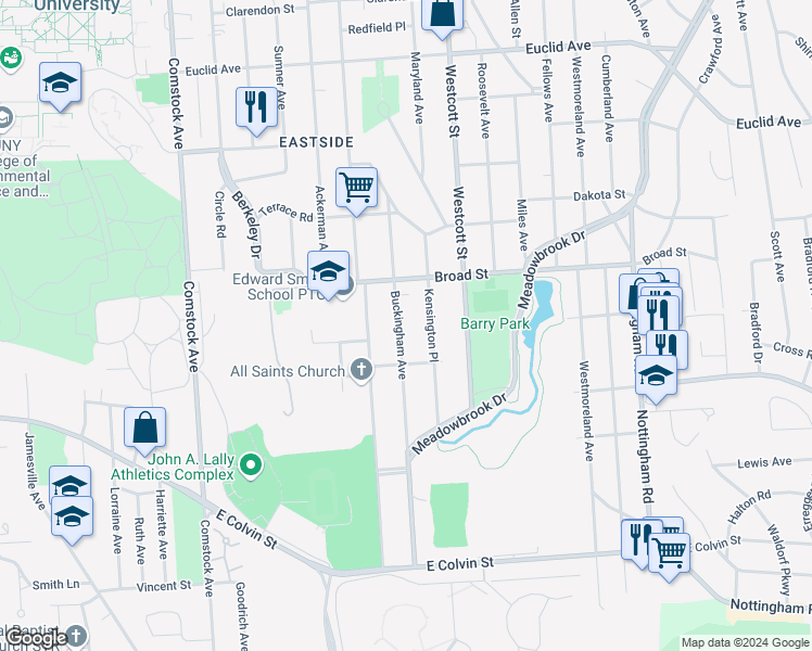 map of restaurants, bars, coffee shops, grocery stores, and more near 335 Buckingham Avenue in Syracuse