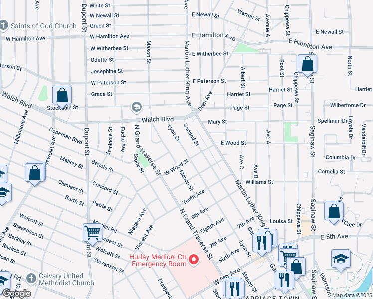 map of restaurants, bars, coffee shops, grocery stores, and more near 1516 Lyon Street in Flint