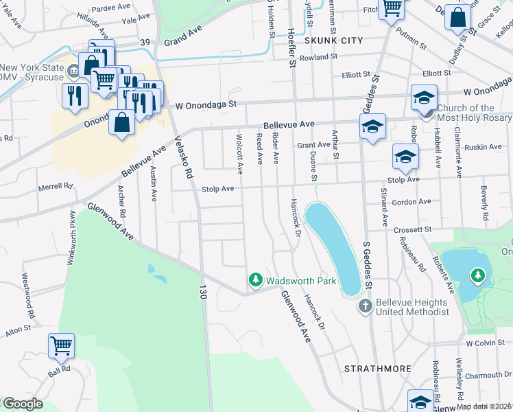 map of restaurants, bars, coffee shops, grocery stores, and more near 230-34 Reed Ave in Syracuse