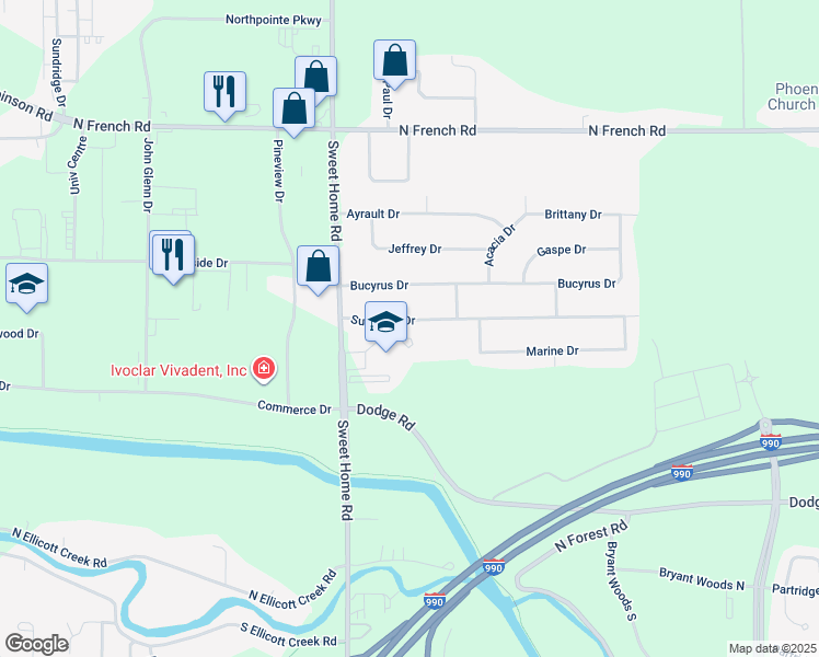 map of restaurants, bars, coffee shops, grocery stores, and more near 51 Sunshine Drive in Buffalo