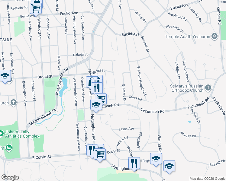 map of restaurants, bars, coffee shops, grocery stores, and more near 143 Croyden Lane in Syracuse