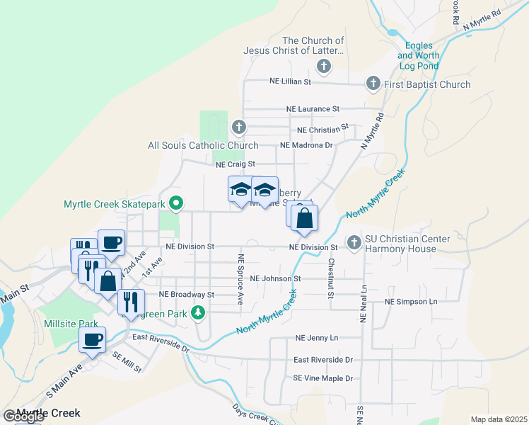 map of restaurants, bars, coffee shops, grocery stores, and more near 651 Northeast Division Street in Myrtle Creek
