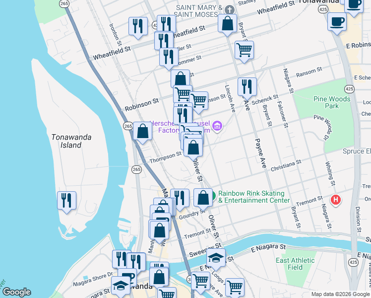 map of restaurants, bars, coffee shops, grocery stores, and more near 104 Thompson Street in North Tonawanda