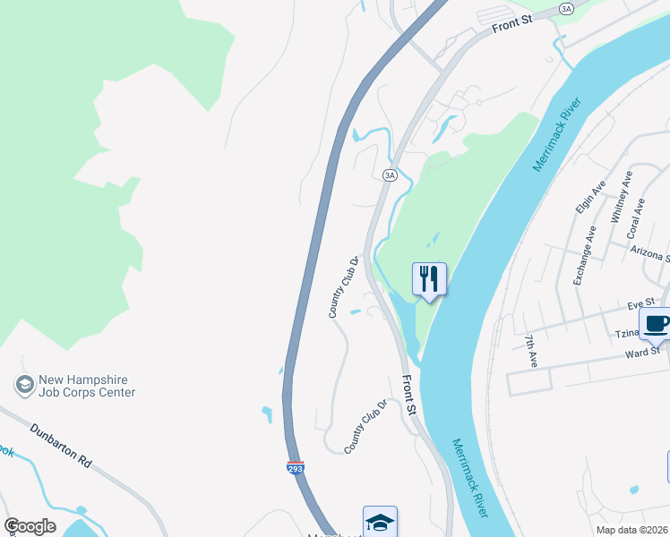 map of restaurants, bars, coffee shops, grocery stores, and more near 22 Country Club Drive in Manchester