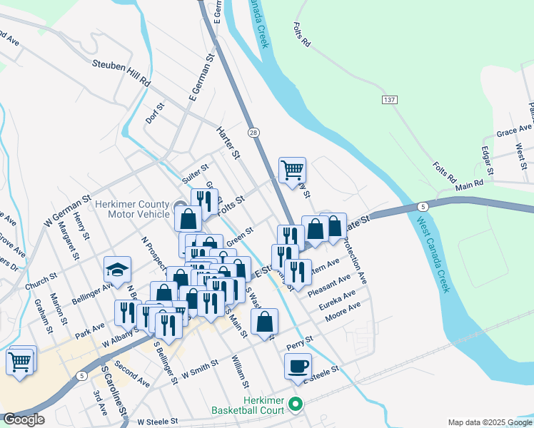 map of restaurants, bars, coffee shops, grocery stores, and more near 208 Steuben Street in Herkimer