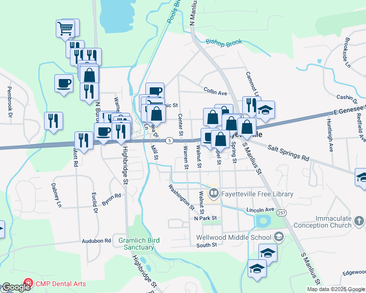 map of restaurants, bars, coffee shops, grocery stores, and more near 102 Warren Street in Fayetteville