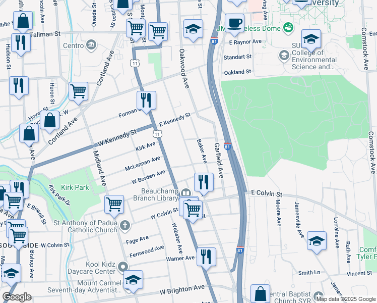 map of restaurants, bars, coffee shops, grocery stores, and more near 1619 South State Street in Syracuse