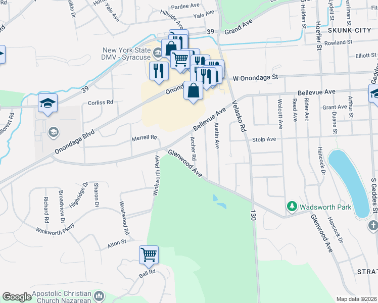 map of restaurants, bars, coffee shops, grocery stores, and more near 108 Archer Road in Syracuse