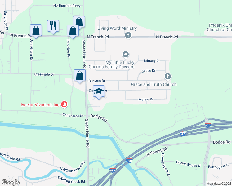 map of restaurants, bars, coffee shops, grocery stores, and more near 87 Sunshine Drive in Buffalo