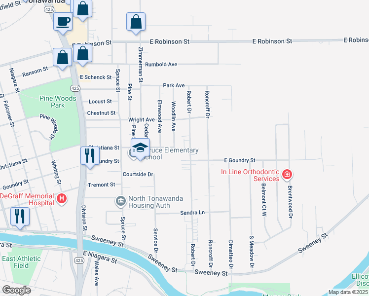 map of restaurants, bars, coffee shops, grocery stores, and more near 322 Robert Drive in North Tonawanda