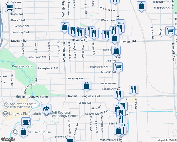 map of restaurants, bars, coffee shops, grocery stores, and more near 2209 Missouri Avenue in Flint
