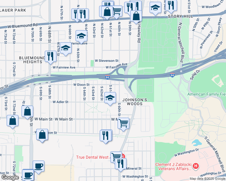 map of restaurants, bars, coffee shops, grocery stores, and more near 226 South 61st Street in Milwaukee