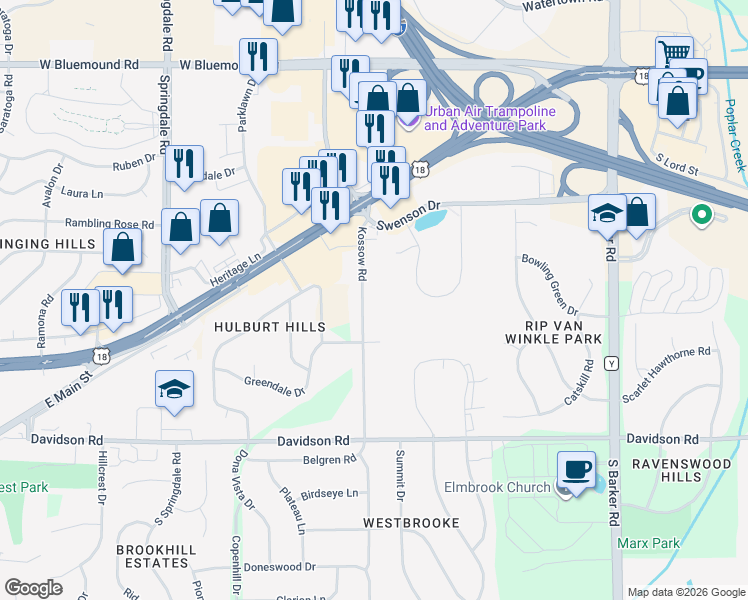 map of restaurants, bars, coffee shops, grocery stores, and more near 330 Kossow Road in Waukesha