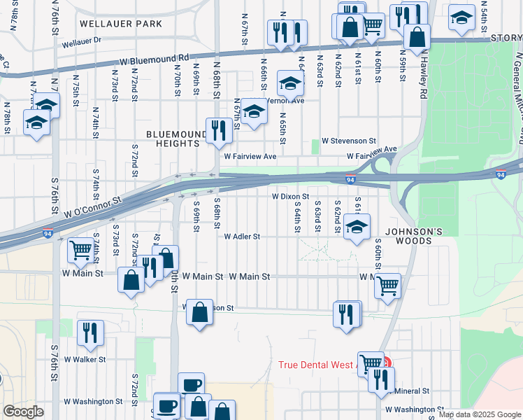 map of restaurants, bars, coffee shops, grocery stores, and more near 226 South 66th Street in Milwaukee