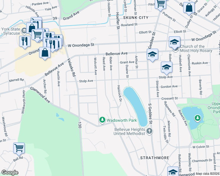 map of restaurants, bars, coffee shops, grocery stores, and more near 224 Rider Avenue in Syracuse