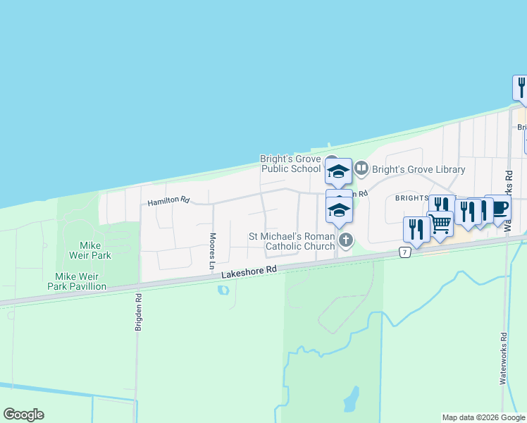 map of restaurants, bars, coffee shops, grocery stores, and more near 2506 Westfield Close in Sarnia