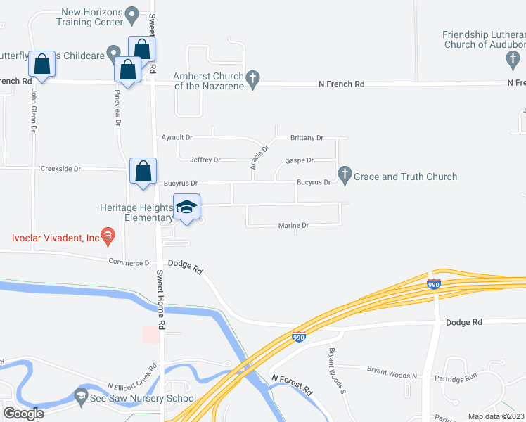 map of restaurants, bars, coffee shops, grocery stores, and more near 145 Sunshine Drive in Buffalo
