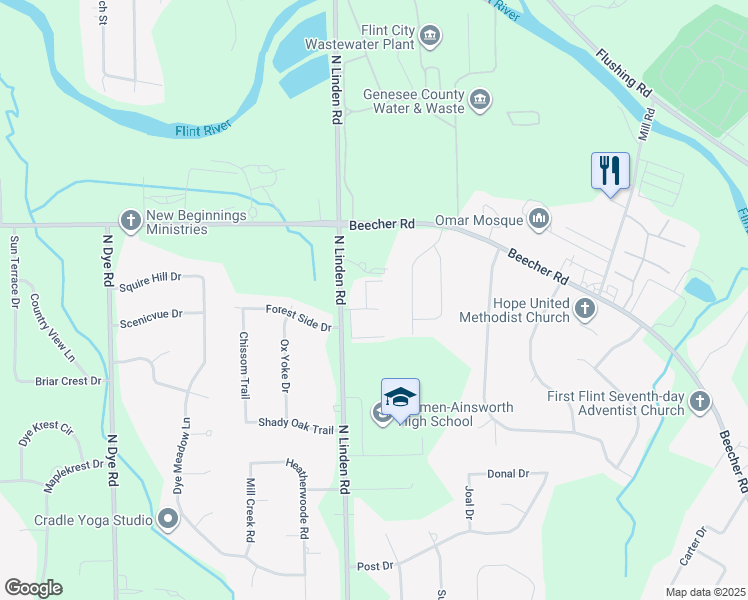 map of restaurants, bars, coffee shops, grocery stores, and more near 1448 Walnut View Street in Flint